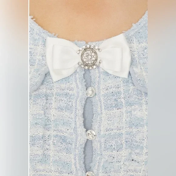 SELF-PORTRAIT Light Blue Tweed Checked Bow-Detail Mini Dress - BNWT - Size M - Picture 5 of 9